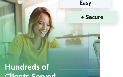 Woman smiling at a computer while reviewing her tax report with the words "hundreds of clients served" next to her