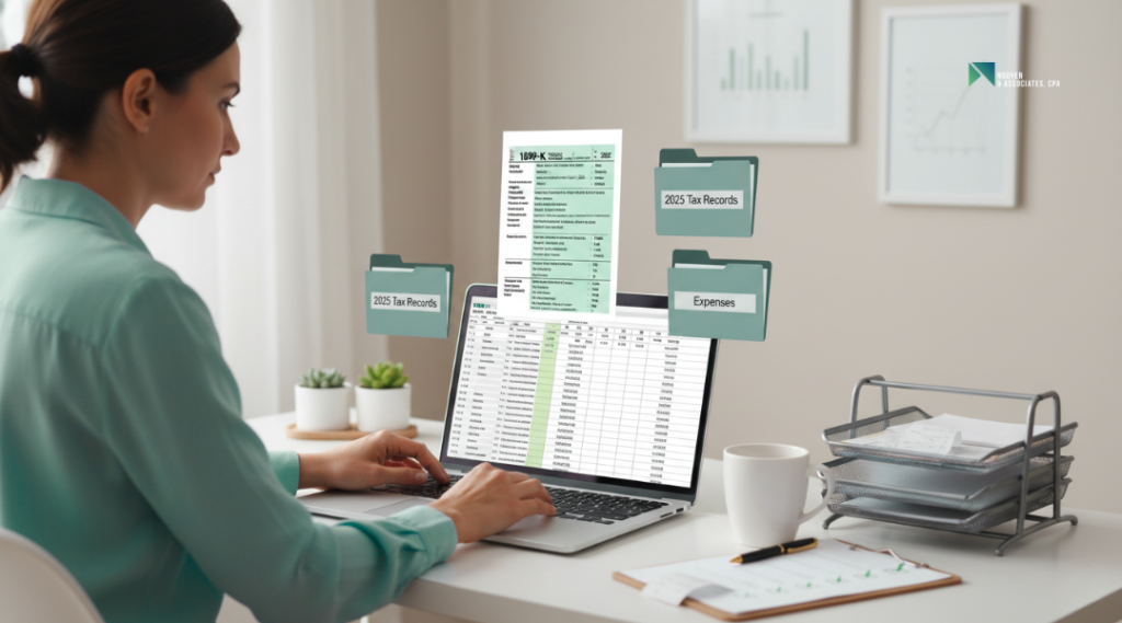 Accountant reviewing digital financial records and 1099-K forms for 2025 compliance with organized folders and checklists.
