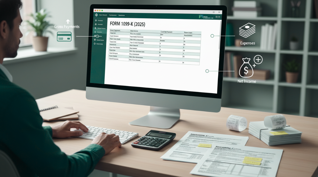 Accountant reconciling 1099-K income with tax schedules using receipts, forms, and digital records for accurate 2025 reporting.