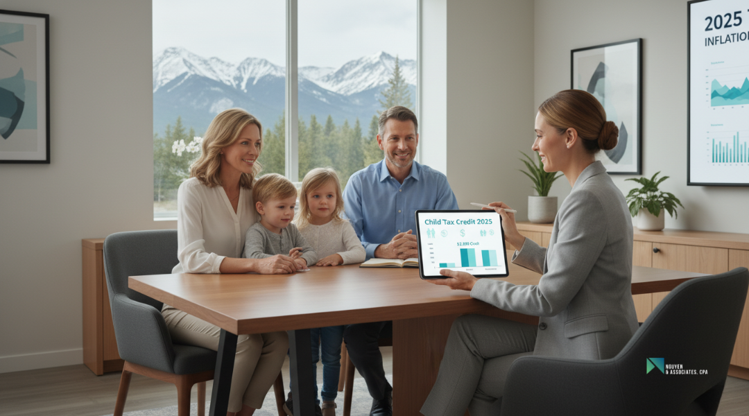CPA reviewing 2025 child tax credit increase and updated payroll tax thresholds with a family in a Colorado office.