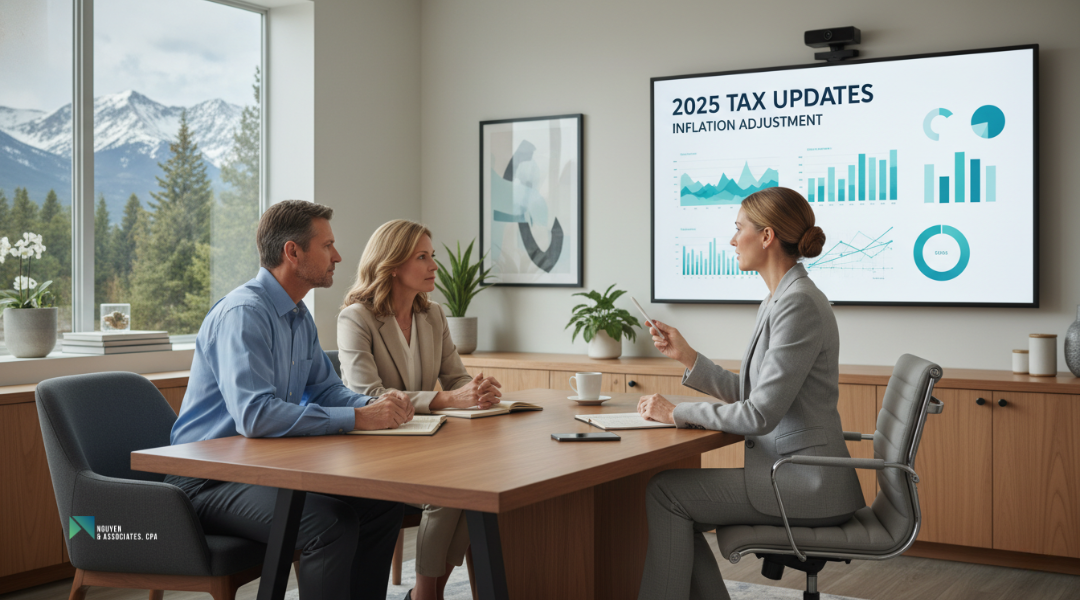 CPA explaining why the 2025 federal tax updates and inflation adjustments matter to clients in a Colorado office.