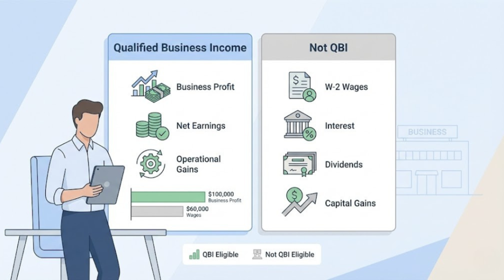Illustration comparing S-Corp income that qualifies for QBI to wages and investment income that do not.