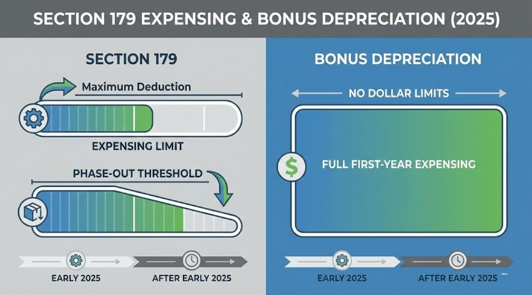Comparison of Section 179 limits and bonus depreciation phase-down rules for equipment placed in service in 2025
