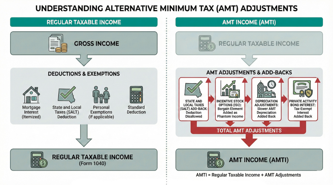 AMT rules recalculate your income by adding back deductions and exclusions that reduce regular tax, often pushing high earners into a higher effective tax rate.